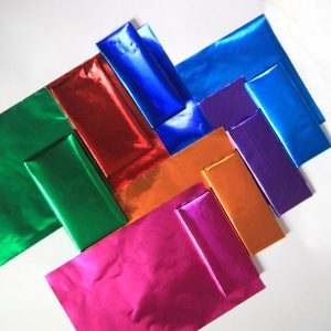 Chocolate bar wrapped by colored foil backing paper